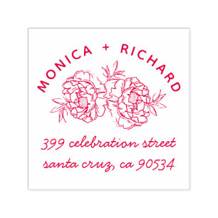 Tampon Auto-encreur Peonies à main   Noms et adresse manuscrite