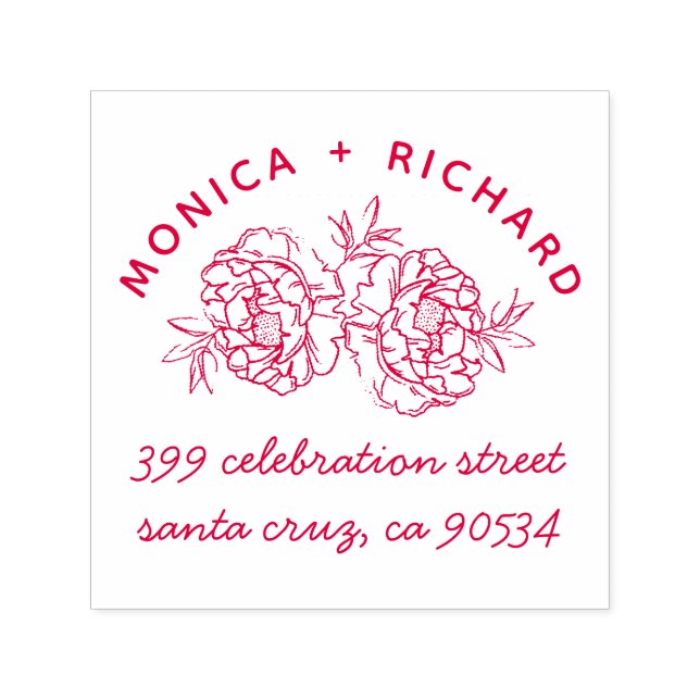 Tampon Auto-encreur Peonies à main | Noms et adresse manuscrite (Design)