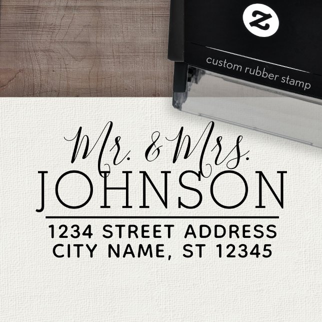 Tampon Auto-encreur Personnalisé M. & Mme Nom de famille et adresse de (Personalized Wedding Rubber Stamp - Self-Inking)
