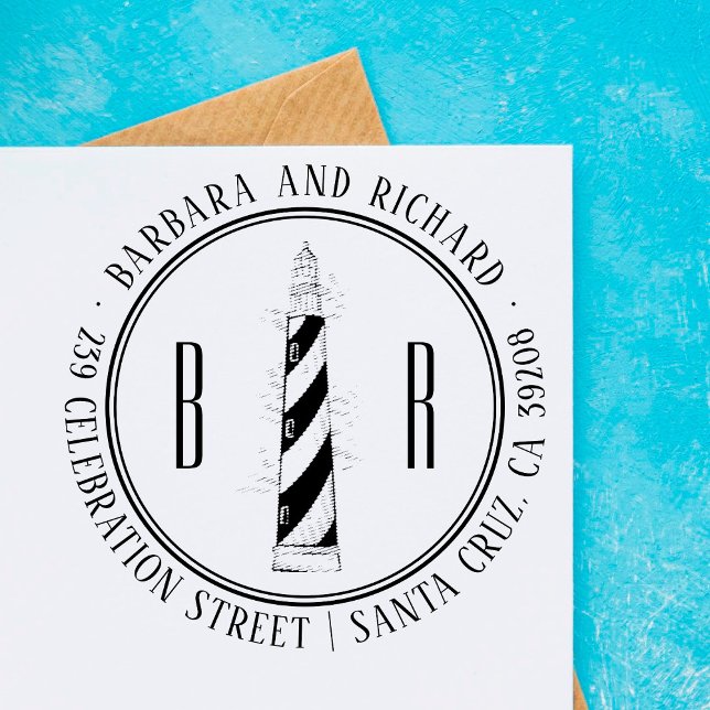 Tampon Auto-encreur Phare | Noms et adresse de retour des initiales (Créateur téléchargé)