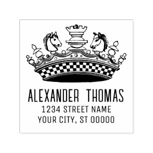 Tampon Auto-encreur Pièces d'échecs vintage Nom de la couronne Adresse