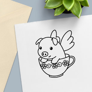Tampon Auto-encreur Pig volant - Piglet avec ailes dans une Teup