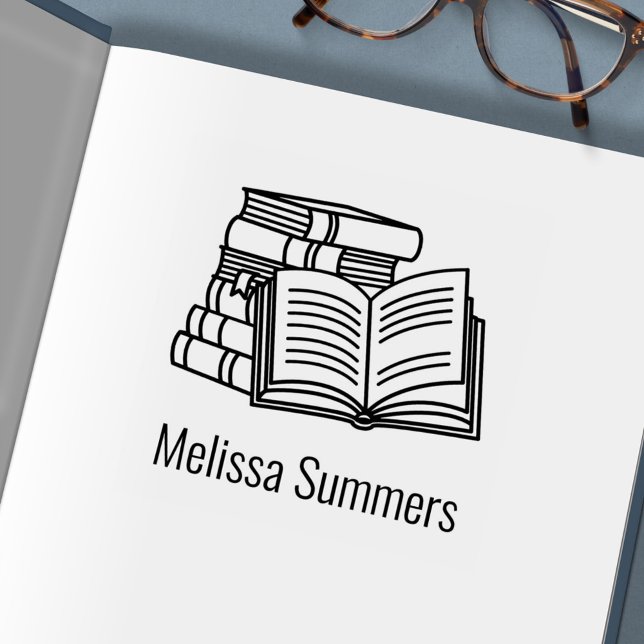 Tampon Auto-encreur Pile de livres et livre ouvert - Plaque de livres (Créateur téléchargé)