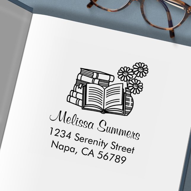 Tampon Auto-encreur Pile de livres, Livre ouvert, Fleurs - Adresse (Créateur téléchargé)