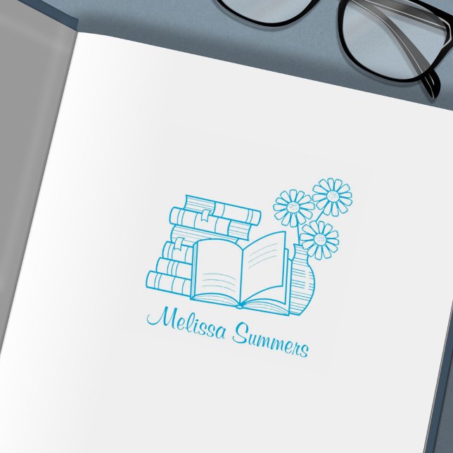 Tampon Auto-encreur Pile de livres, Livre ouvert, Fleurs - Plaque (Créateur téléchargé)