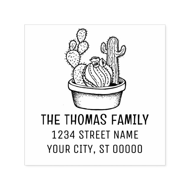 Tampon Auto-encreur Plante de cactus rustique en pot #4 Nom Adresse (Design)