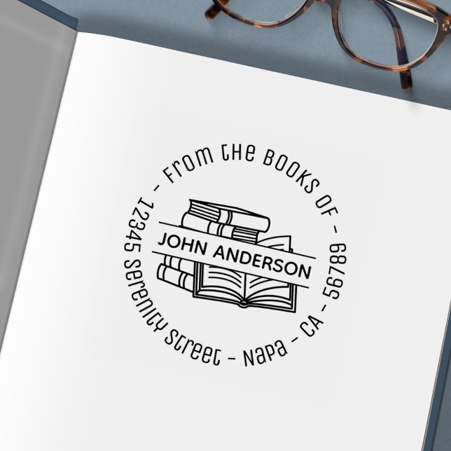 Tampon Auto-encreur Plaque d'adresse ronde de la pile de livres (Créateur téléchargé)