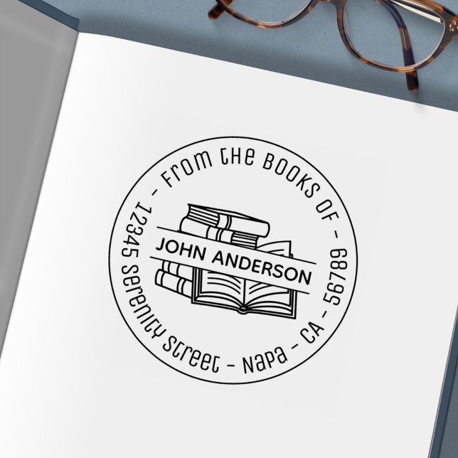 Tampon Auto-encreur Plaque d'adresse ronde de la pile de livres 3 (Créateur téléchargé)