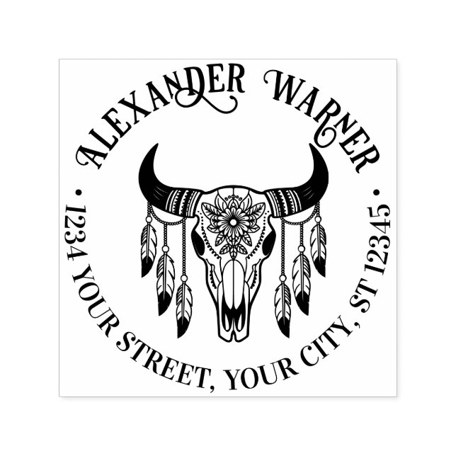 Tampon Auto-encreur Plumes de crâne de vache taupe de Tribal Nom Adres (Design)