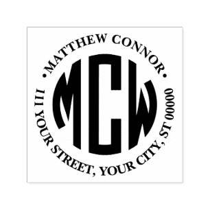 Tampon Auto-encreur Preppy 3 initiale du monogramme circulaire Adresse