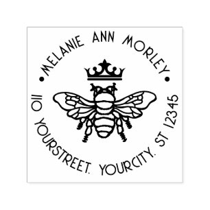 Tampon Auto-encreur Reine Abeille avec Couronne Ronde Nom Adresse de R