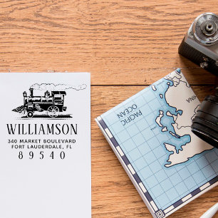 Tampon Auto-encreur Retro Steam Train Nom de famille Adresse de retour