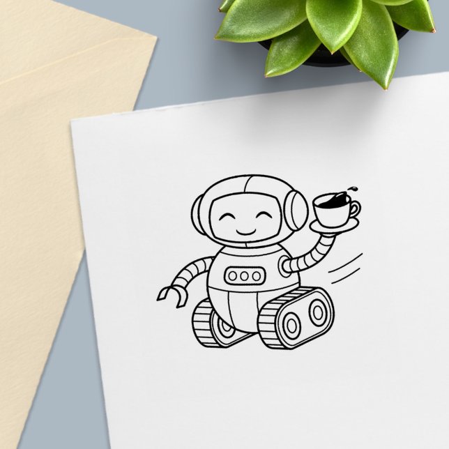 Tampon Auto-encreur Robot Mignon Livrant du Café (Créateur téléchargé)