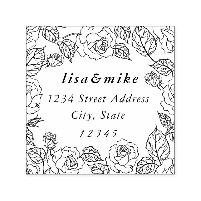 Tampon Auto-encreur Rose Garden Couple Names Mariage Adresse de retour (Design)