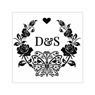 Tampon Auto-encreur Roses Papillon Cadre 2 Monogramme Initial Couple #