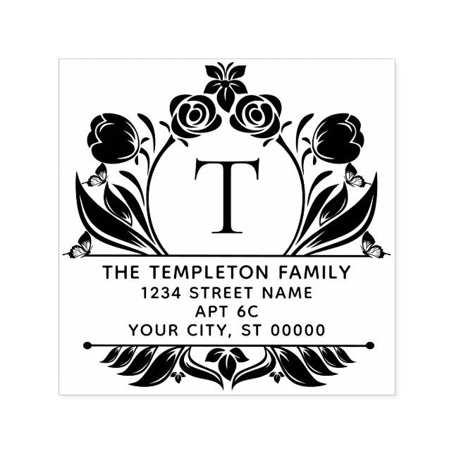 Tampon Auto-encreur Roses & Tulips Border Frame Name Initial Address (Design)