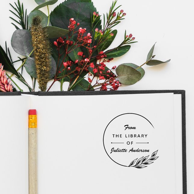 Tampon Auto-encreur Round Elegant Leaves Custom Library Books (Créateur téléchargé)