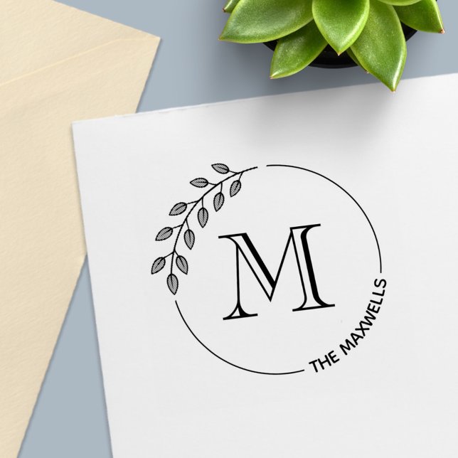 Tampon Auto-encreur Round Leaves Wreath Monogram Initial Family Name (Créateur téléchargé)
