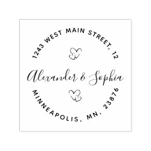 Tampon Auto-encreur Round Modern Double Heart Mariage Retour Adresse