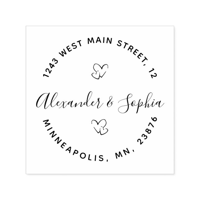 Tampon Auto-encreur Round Modern Double Heart Mariage Retour Adresse (Design)