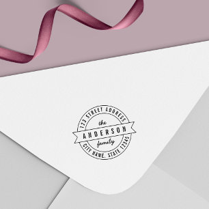 Tampon Auto-encreur Round Ribbon Modern Nom de famille Adresse de reto