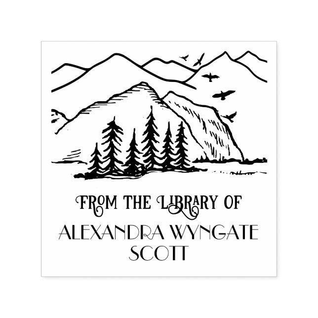 Tampon Auto-encreur Rustic Outdoors : Mountains Trees Bibliothèque Nom (Design)