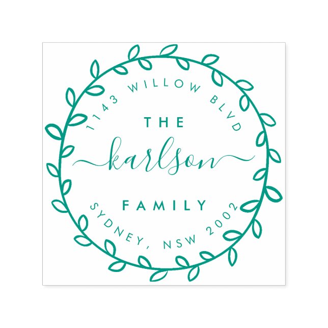 Tampon Auto-encreur Rustic Script & Wreath Nom de famille Adresse de r (Design)