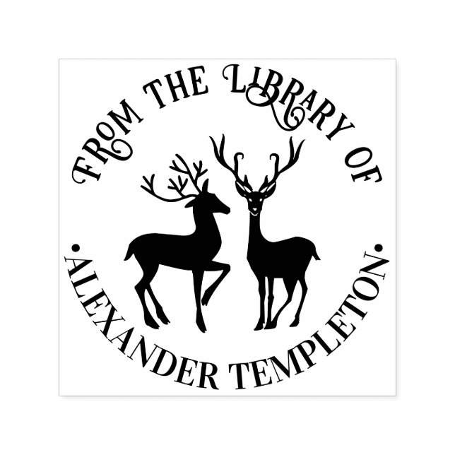 Tampon Auto-encreur Rustique 2 Cerfs Rond “De la bibliothèque” Nom du  (Design)