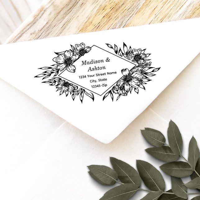 Tampon Auto-encreur Rustique Floral Frontière Mariages Noms Adresse de (Effortlessly personalize your wedding mail with our elegant self-inking stamp.)