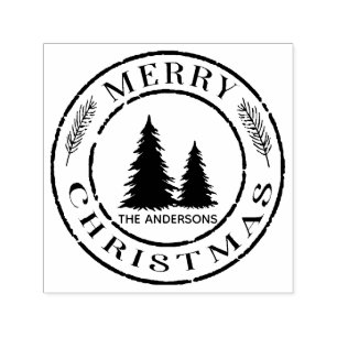 Tampon Auto-encreur Rustique Joyeux Arbre de Noël Adresse personnalisé