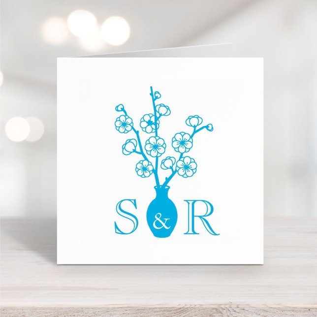 Tampon Auto-encreur Sakura Cherry Blossom Vase Mariage Monogramme (Créateur téléchargé)