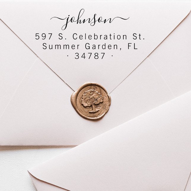 Tampon Auto-encreur Script manuscrit Nom de famille Adresse de retour (Modern Elegant Script Family Name Wedding Rubber Stamp)