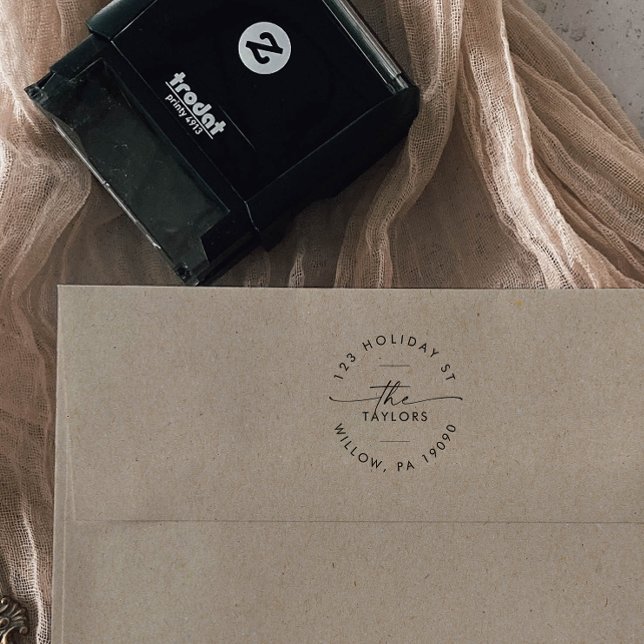 Tampon Auto-encreur Script moderne Famille Holiday Card Adresse circul (Créateur téléchargé)