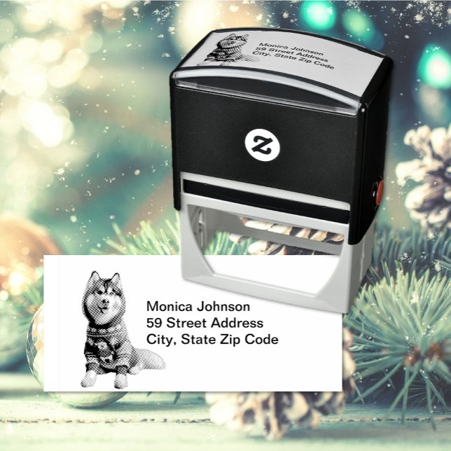 Tampon Auto-encreur Siberian Husky Adresse de retour de photo (Christmas holiday themed Siberian Husky rubber self-inking return address stamp)