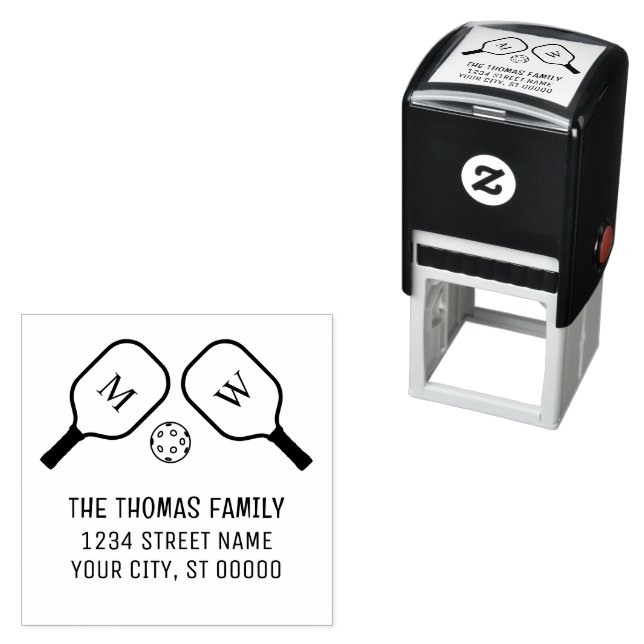 Tampon Auto-encreur Sporty Pickleball Paddles et Ball Nom Adresse (En situation)