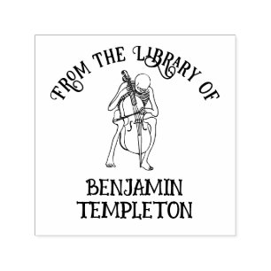 Tampon Auto-encreur Squelette gothique Jouer Cello Bibliothèque Nom du