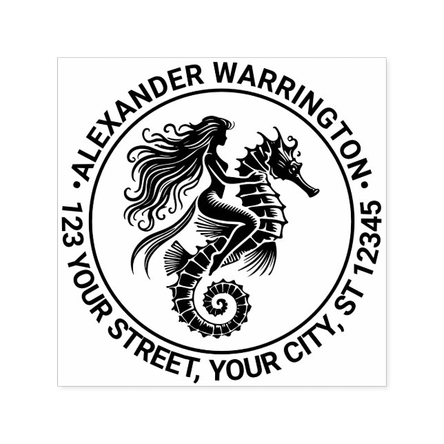 Tampon Auto-encreur Sultry Mermaid Riding Seahorse Nom Adresse de reto (Design)