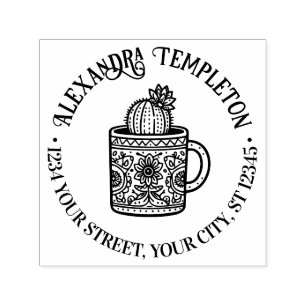 Tampon Auto-encreur Tasse à café Cactus Fleurissant #1P Nom Adresse de