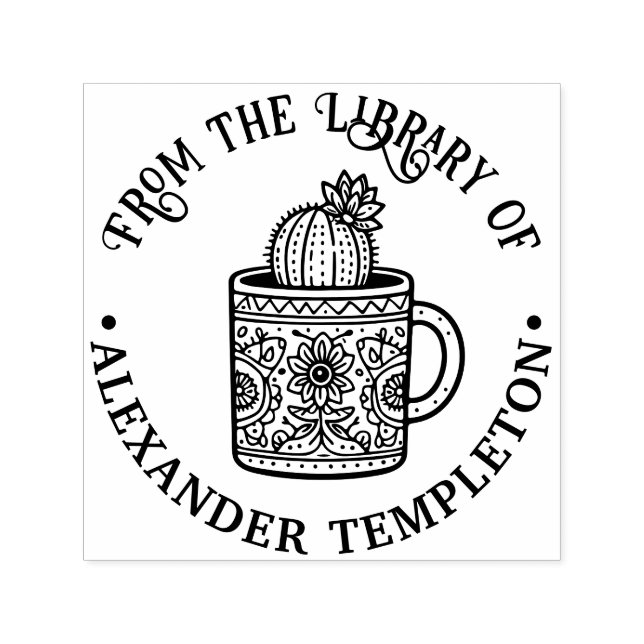 Tampon Auto-encreur Tasse à café Cactus Fleurissant #1P Nom du livre d (Design)
