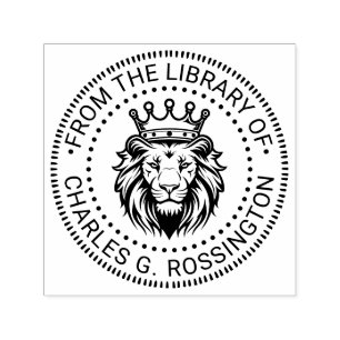 Tampon Auto-encreur Tête de Lion portant une Couronne Nom du Livre de 
