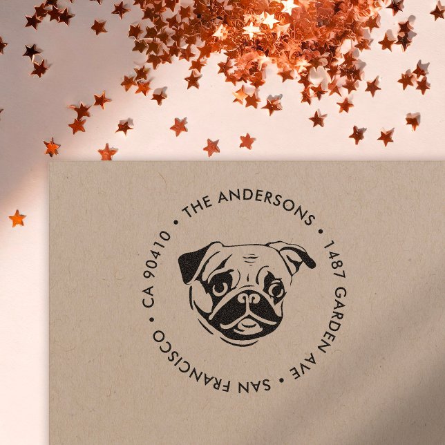 Tampon Auto-encreur Timbre d'adresse, timbre d'adresse du chien Carlin (Créateur téléchargé)