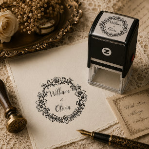 Tampon Auto-encreur Timbre de mariage floral vintage avec nom