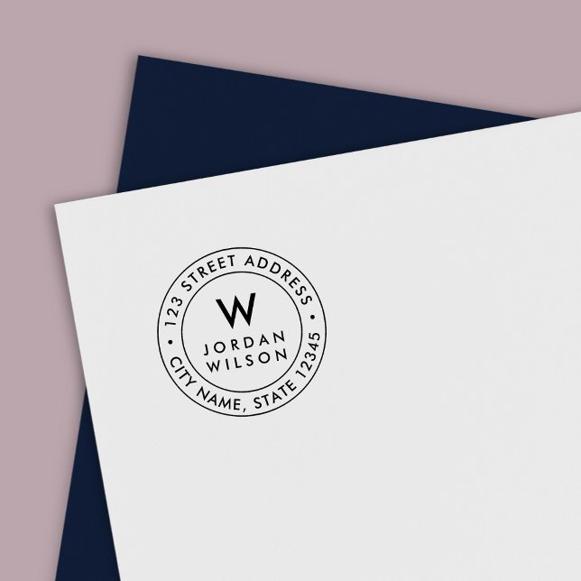 Tampon Auto-encreur Tour double bordure moderne Monogramme Retour Adre (Créateur téléchargé)