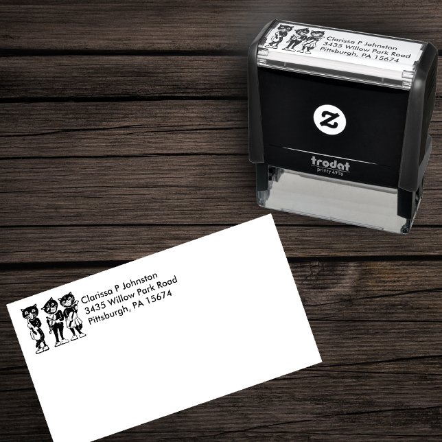 Tampon Auto-encreur Trois Chats Noirs Chaussures Blanches Jouant De La (Three cat musicians playing musical instruments on self inking return address stamp.)