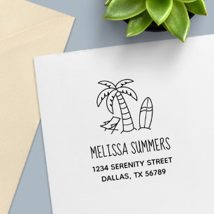 Tampon Auto-encreur Tropical Beach Palm Surfboard Adresse