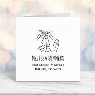 Tampon Auto-encreur Tropical Beach Palm Surfboard Adresse