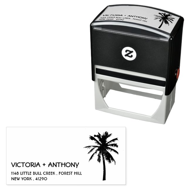 Tampon Auto-encreur Tropical Palm Tree Beach Wedding Adresse de retour (En situation)