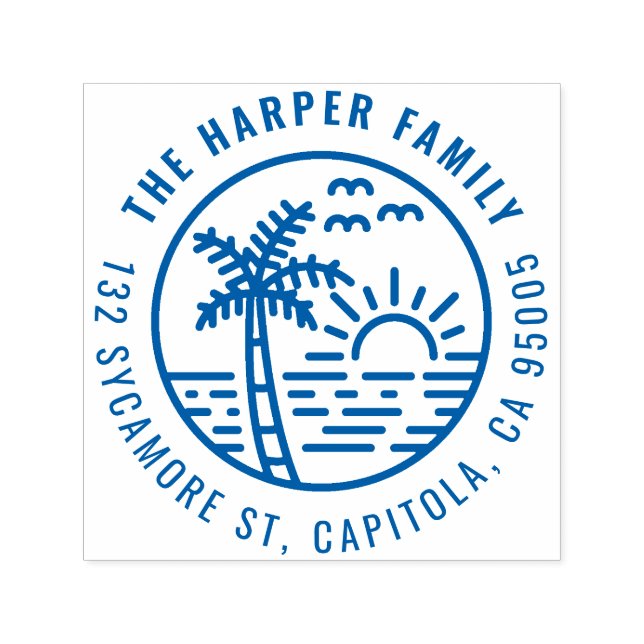 Tampon Auto-encreur Tropical Palm Tree Sunset Family Adresse de retour (Design)