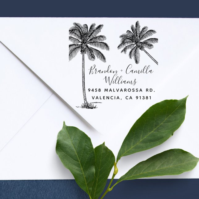 Tampon Auto-encreur Tropical Palm Trees Married Couple Adresse de reto (elegant handwriting tropical palm tree married couple return address stamp)