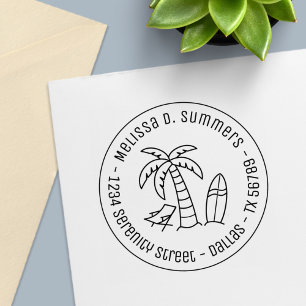 Tampon Auto-encreur Tropical Vacances Palm Surfboard Adresse ronde